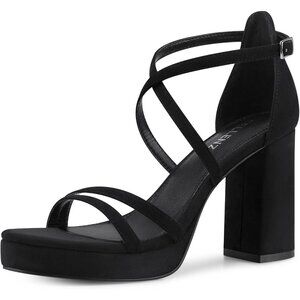 Women's Black-Suede Sandal Stylish Comfortable Chunky Blocked Strappy Heel Shoe